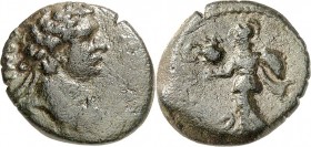PAMPHYLIEN. 
SIDE (Selimiye). 
Domitian 81-86. AE-Hemiassarion 17mm 3,40g. Kopf m. Lkr. n.r. [ DOMITIANOS - KAISAR] / SID-HT Athena Sidetes schreite...