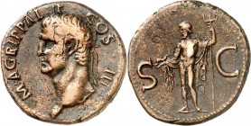 RÖMISCHES KAISERREICH. 
Agrippa +12 v.Chr., z.Z. Caligula. AE-As 10,65g. Kopf mit Rostralkrone n.l. M AGRIPPA L - F COS IIII / S - C Neptun steht nac...