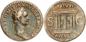 RÖMISCHES KAISERREICH. 
DOMITIANUS, Augustus 81-96. AE-As (84) 11,43g. Kopf m. Aegis u. Lkr. n.r. IMP CAES DOMITIAN AVG GERM COS X / SALVTI - AVGVSTI...