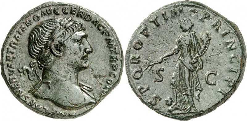RÖMISCHES KAISERREICH. 
TRAIANUS 98-117. AE-As (103/109) 9,93g. Aegisbüste m. L...