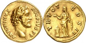 RÖMISCHES KAISERREICH.
ANTONINUS PIUS Augustus 138-161. Aureus (139) 7,34g. Barhäuptiger Kopf n.r. ANTONINVS AVG PIVS PP / TR POT COS II Pietas steht...