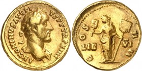 RÖMISCHES KAISERREICH.
ANTONINUS PIUS Augustus 138-161. Goldquinar (150/151) 3,61g. Belorbeerte Büste mit Ägis n.r. ANTONINVS AVG PIVS PP / COS IIII ...