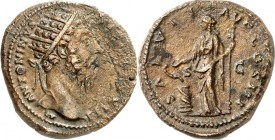 RÖMISCHES KAISERREICH. 
MARCUS AURELIUS, Augustus 161-180. AE-Dupondius (171) 13,69g. Kopf mit Strahlenkrone n.r. M ANTONINVS - AVG TR P XXV / SALVTI...