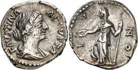 RÖMISCHES KAISERREICH. 
Faustina iunior z.Z. Antoninus Pius 145-161. Denar (156/161) 3,41g. Drap. Büste n. r. FAVSTINA AVGVSTA / IVNO Juno steht n. l...