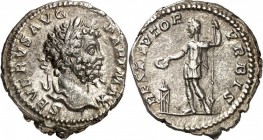 RÖMISCHES KAISERREICH. 
SEPTIMIUS SEVERUS 193-211. Denar (201) 3,35g. Kopf m. Lkr. n.r. SEVERVS AVG - PART MAX / RESTITVTOR - VRBIS Kaiser steht opfe...