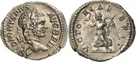 RÖMISCHES KAISERREICH. 
CARACALLA, Augustus 198-217. Denar (210) 2,50g. Büste mit Lorbeerkranz n. r. ANTONINVS PIVS - AVG BRIT / VICTORIAE - BRIT Vic...