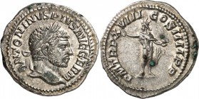 RÖMISCHES KAISERREICH. 
CARACALLA, Augustus 198-217. Denar (215) 2,91g. Kopf m. Lkr. n.r. ANTONINVS PIVS AVG GERM / P M TR P XVIII - COS IIII P P Sol...