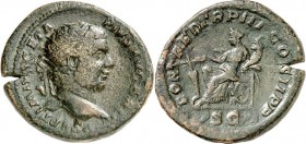 RÖMISCHES KAISERREICH. 
GETA Augustus 209-212. AE-Dupondius (211) 12,21g. Kopf m. Strkr. n.r. P&nbsp;SEPTIMIVS GETA&nbsp;- PIVS AVG BRIT&nbsp;/ FORT ...