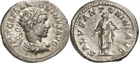RÖMISCHES KAISERREICH. 
ELAGABALUS 218-222. Antoninian (219) 4,59g. Paludamentbüste m. Strkr. n.r. IMP CAES ANTONINVS AVG / SALVS ANTONINI AVG Salus ...