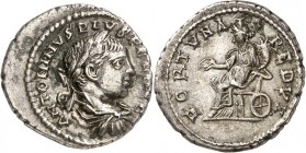 RÖMISCHES KAISERREICH. 
ELAGABALUS 218-222. Denar (218/219) 2,89g. Paludamentbüste m. Lkr. n.r. ANTONINVS PIVS FEL AVG / FORTVNA REDVX Fortuna mit Mo...