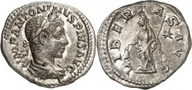 RÖMISCHES KAISERREICH. 
ELAGABALUS 218-222. Denar (220/222) 3,31g. Paludamentbüste m. Lkr. n.r. IMP ANTONINVS PIVS AVG / LIBERTAS AVG Libertas steht ...
