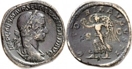 RÖMISCHES KAISERREICH. 
SEVERUS ALEXANDER 222-235. AE-Sesterz (225) 24,82g. Paludamentbüste m. Lkr. n.r. IMP CAES M AVR SEV ALEXANDER AVG&nbsp;/ V[IC...