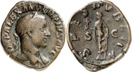 RÖMISCHES KAISERREICH. 
SEVERUS ALEXANDER 222-235. AE-Sesterz (232) 19,28g. Kopf m. Pallium h. Hals u. Lkr. n.r. IMP ALEXANDER PIVS AVG&nbsp;/ SPES P...