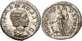 RÖMISCHES KAISERREICH. 
Iulia Mamaea, Mutter des Sev. Alexander 222-235. Denar (222) 2,98g. Pallabüste n.r. IVLIA MAMAEA AVG / IVNO CONSE-R-VATRIX Iu...