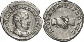 RÖMISCHES KAISERREICH. 
BALBINUS 238. Antoninian 4,76g. Paludamentbüste m. Strkr. n.r. IMP CAES D CAEL BALBINVS AVG / PIETAS MVTVA AVGG Handschlag. R...