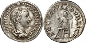 RÖMISCHES KAISERREICH. 
GORDIANUS III. Augustus 238-244. Denar (Ende 239/240) 3,04g. Paludamentbüste m. Lkr. n.r. IMP GORDIANVS PIVS FEL AVG / SECVRI...