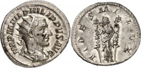 RÖMISCHES KAISERREICH. 
PHILIPPUS I. Arabs 244-249. Antoninian (244) 4,23g. Paludamentbüste m. Strkr. n.r. IMP M IVL PHILIPPVS AVG / FIDE-S M-ILIT Fi...