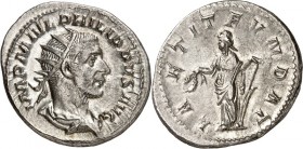 RÖMISCHES KAISERREICH. 
PHILIPPUS I. Arabs 244-249. Antoninian (244) 4,36g. Drap. Panzerbüste mit Strahlenkrone n.r. IMP M IVL PHILIPPVS AVG / LAETIT...