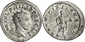 RÖMISCHES KAISERREICH. 
Philippus II., Caesar 244-247. Antoninian (245) 4,76g. Palliumbüste m. Strkr. n.r. M IVL PHILIPPVS CAES / PRINCIPI IVVENT Phi...