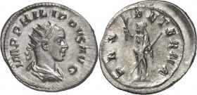 RÖMISCHES KAISERREICH. 
PHILIPPUS II., Augustus 247-249. Antoninian (247) 4,44g. Paludamentbüste m. Strkr. n.r. IMP PHILIPPVS AVG / PAX - AETERNA Pax...