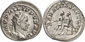 RÖMISCHES KAISERREICH. 
PHILIPPUS II., Augustus 247-249. Antoninian (248) 3,81g. Drapierte Büste mit Strahlenkrone n. r. IMP PHILIPPVS AVG / LIBERALI...