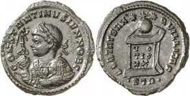RÖMISCHES KAISERREICH. 
Constantinus II. Caesar 317-337. AE-Follis 19/20mm (322/323) 3,03g, Trier, 2.&nbsp;Off. Paludamentbüste m. Lkr., Baculum u. V...