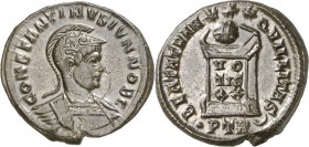 RÖMISCHES KAISERREICH. 
Constantinus II. Caesar 317-337. AE-Follis 19/20mm (323) 3,06g, Trier, 1.&nbsp;Off. Panzerbüste m. Helm n.r. CONSTANTINVS IVN...