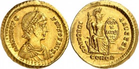 RÖMISCHES KAISERREICH. 
THEODOSIUS I. 379-395. Solidus (383/388) 4,45g, Konstantinopel, Off.B. Paludamentbüste m. Perlendiadem n.r. D N THEODO-SIVS P...