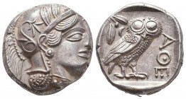 ATTICA. Athens. Circa 454-404 BC.AR Tetradrachm

Obverse : Helmeted head of Athena right
Reverse : AΘE; owl standing right, head facing; olive sprig a...