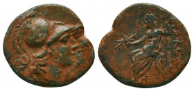 PAMPHYLIA. Attaleia. Ae (2nd-1st centuries BC).
Obv: Jugate helmeted heads of Athena right.
Rev: ATTAΛEIA.
Zeus seated left on throne, holding thunder...