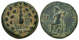 CILICIA. Tarsos. Ae (164-27 BC).
Obv: Filleted, upright club within wreath.
Rev: Zeus Nikephoros seated left on throne, holding sceptre and Nike; in f...
