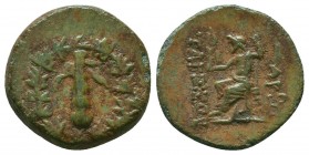 CILICIA. Tarsos. Ae (164-27 BC).
Obv: Filleted, upright club within wreath.
Rev: Zeus Nikephoros seated left on throne, holding sceptre and Nike; in f...
