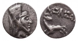 KINGS OF CAPPADOCIA. Ariarathes VI Epiphanes Philopator (130-116 BC). Obol.
Obv: Head right, wearing tiara.
Rev: APIAPAΘ.
Horse galloping left.
Simone...
