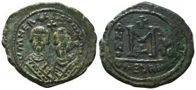 REVOLT OF THE HERACLII (608 - 620). Ae Follis. Alexandretta.
Obv: DmN ERACLIO CONSULII.
Crowned and draped facing busts of Heraclius and Heraclius Con...