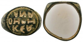 Byzantine Seal Ring With an inscription on bezel, 7th - 11th Century.

Condition: Very Fine

Weight: 6 gram
Diameter: 23