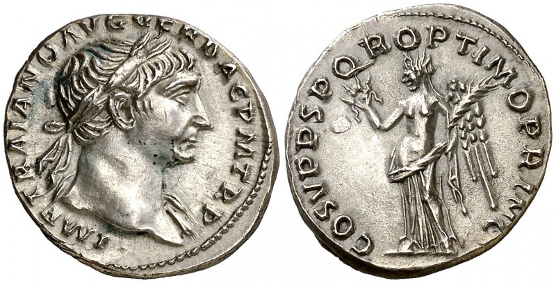 (107 d.C.). Trajano. Denario. (Spink 3129) (S. 74) (RIC. 128). Muy bella. Ex Col...