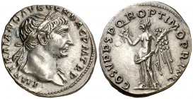 (107 d.C.). Trajano. Denario. (Spink 3129) (S. 74) (RIC. 128). Muy bella. Ex Colección Roma Aeterna 09/11/2017, nº 49. 3,40 g. EBC+.