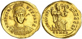 (402-403 d.C.). Honorio. Constantinopla. Sólido. (Spink 20901) (Co. 6 var) (RIC. 24). Buen ejemplar. Ex Áureo & Calicó 11/12/2019, nº 1103. 4,47 g. EB...