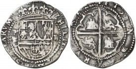 s/d. Felipe II. Potosí. C. 2 reales. (AC. 369). Muy rara. 6,72 g. MBC-.