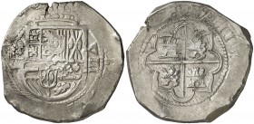 1597. Felipe II. Segovia. Árbol. 8 reales. (AC. 683). Tipo "OMNIVM". Muy rara. 27,25 g. MBC-/MBC.