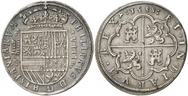 1588. Felipe II. Segovia. 8 reales. (AC. 692) (AC.pdf 698). Acueducto de cinco y seis arcos y dos pisos. El valor entre adornos. Puntos en los ángulos...