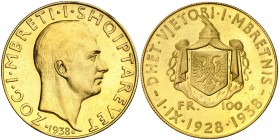 Albania. 1938. Zog I. 100 francos. (Fr. 15) (Kr. 26). 10º Aniversario de Reinado. Golpecito. Rara. AU. 32,38 g. EBC+.