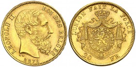 Bélgica. 1876. Leopoldo II. 20 francos. (Fr. 412) (Kr. 37). AU. 6,42 g. EBC-.