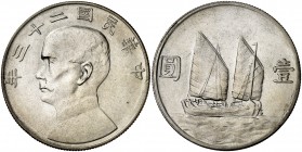 China. Año 23 (1934). 1 dólar. (Kr. 345). Busto de Sun-Yat Sen. AG. 26,39 g. S/C-.