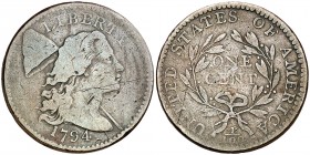 Estados Unidos. 1794. Filadelfia. 1 centavo. (Kr. 13). En canto: "ONE HUNDRED FOR A DOLLAR". Rayitas. Muy rara. CU. 13,50 g. BC/BC+.