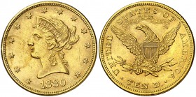 Estados Unidos. 1880. Filadelfia. 10 dólares. (Fr. 158) (Kr. 102). Rayita. AU. 16,71 g. MBC+/EBC-.