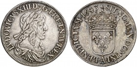 Francia. 1643. Luis XIII. A (París). 1 ecu. (Kr. 129.2). Mínimo golpecito. Bella. Rara. AG. 27,25 g. EBC.