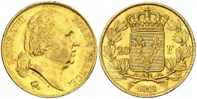 Francia. 1818. Luis XVIII. W (Lille). 20 francos. (Fr. 539) (Kr. 712.9). Rayitas de acuñación. AU. 6,42 g. MBC+.