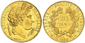 Francia. 1850. II República. A (París). 20 francos. (Fr. 566) (Kr. 762). Rayita en reverso. AU. 6,41 g. MBC+/MBC.