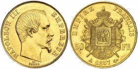 Francia. 1857. Napoleón III. A (París). 50 francos. (Fr. 571) (Kr. 785.1). Leves marquitas. AU. 16,14 g. EBC+.